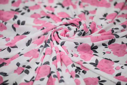 Voal subtire imprimat cu flori roz - Canada Fashion Center - Fabric