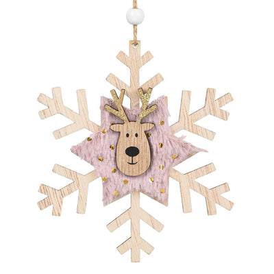 Ornament din Lemn Brad de Craciun Fulg Roz cu Glitter Auriu Cerb 12cm - Canada Fashion Center