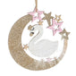 Ornament din Lemn Brad de Craciun Lebada Alba cu Pene Luna Glitter & Stele Roz 9.5cm - Canada Fashion Center