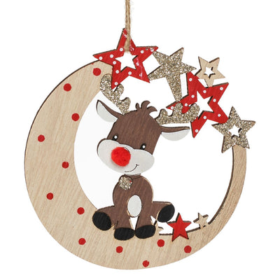 Ornament din Lemn Brad de Craciun Luna Stele Cerb cu Glitter 10cm - Canada Fashion Center