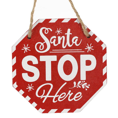 Semn Decorativ de Craciun din Lemn Semn "Santa Stop Here" cu Agatatoare 10x10cm - Canada Fashion Center